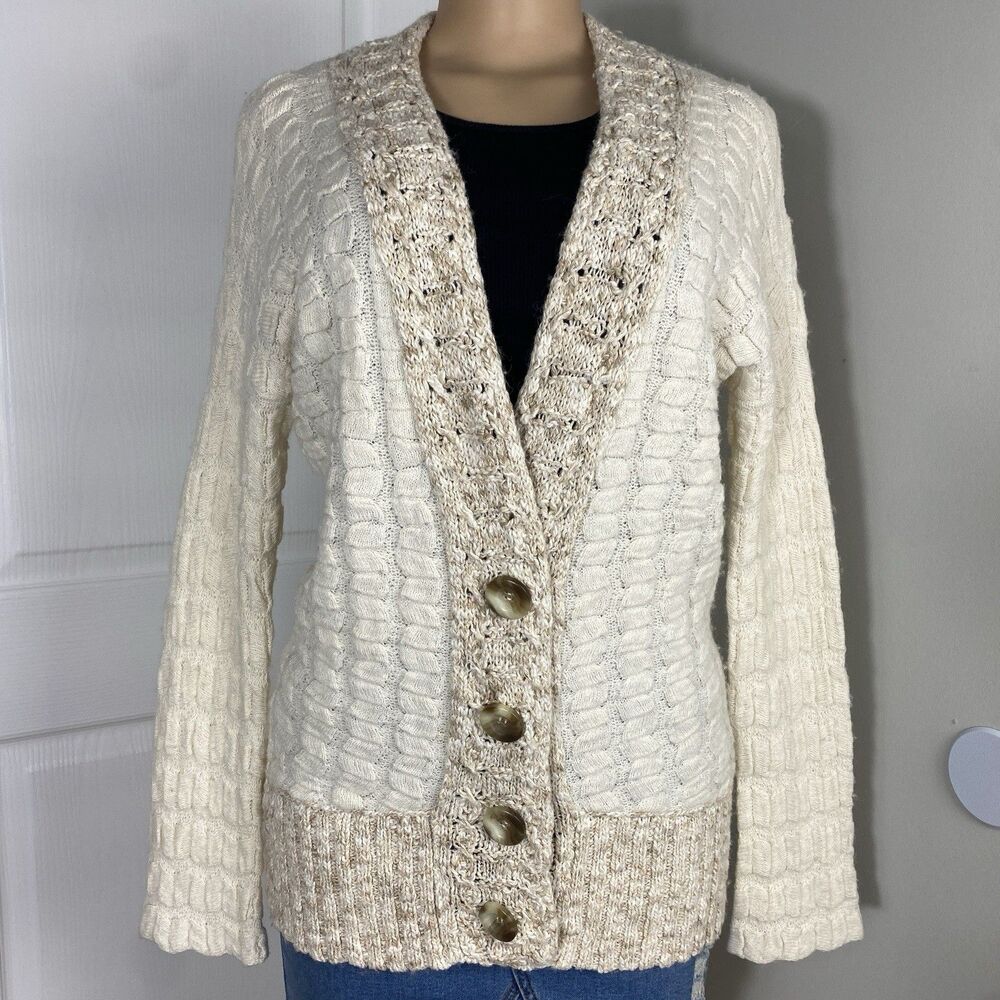 Free People Cardigan Womens Sz M Bumpy Road Chunky Knit Granola Girl Cream Tan